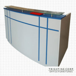 Blue Accent Curved Reception Table with Mounted Glass