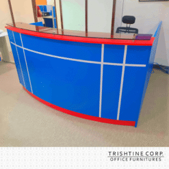 Curved Reception Table with Mounted Glass Blue-Red Combination